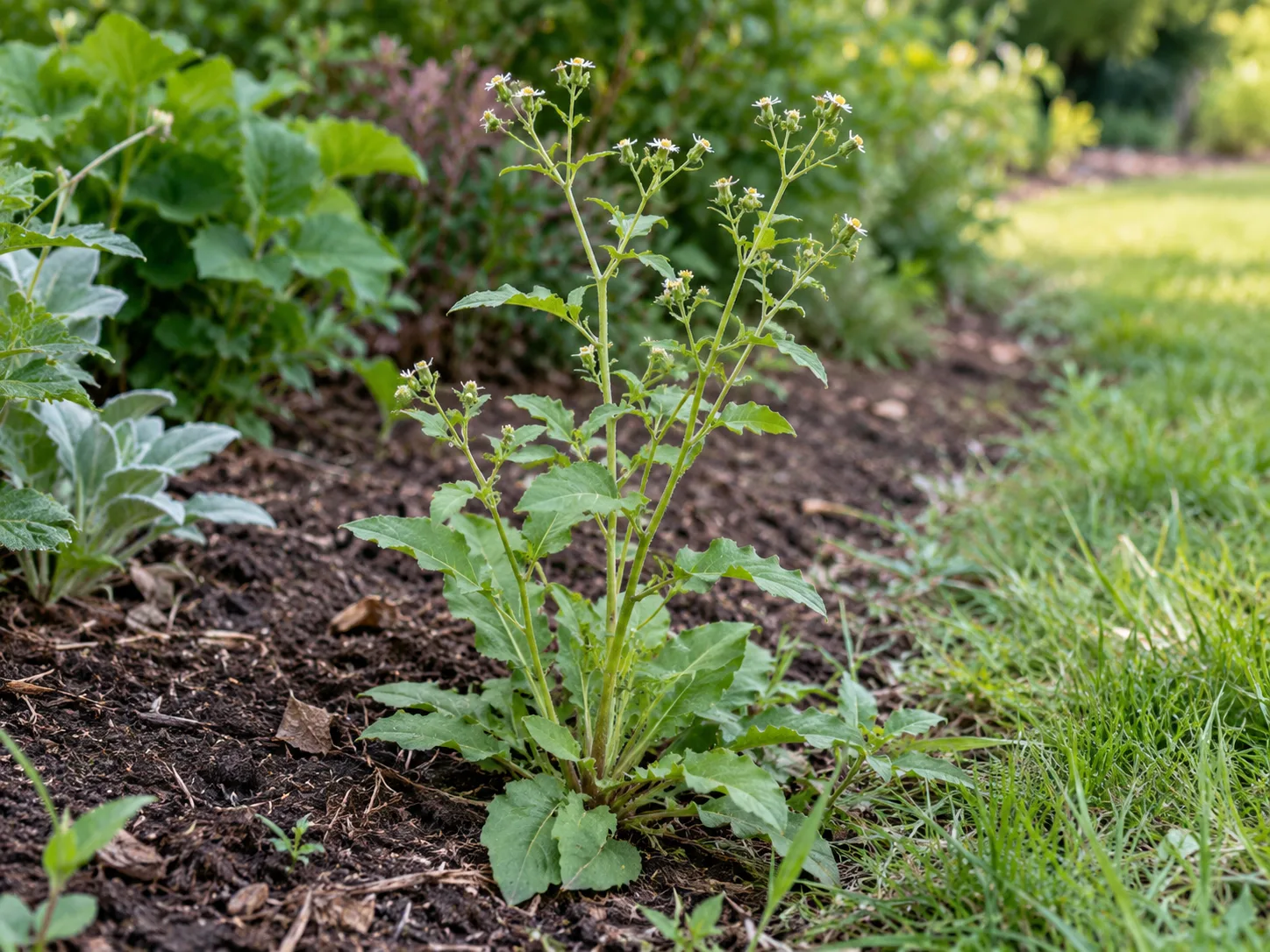 An unfamiliar broadleaf plant shown whole at the edge of a garden, with its leaves, stems, flowers, and growing site visible for careful identification.