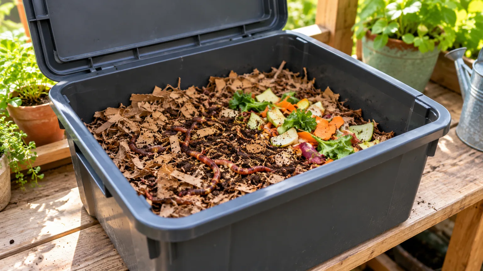 An open, shaded worm bin with moist shredded-cardboard bedding and a small amount of vegetable scraps