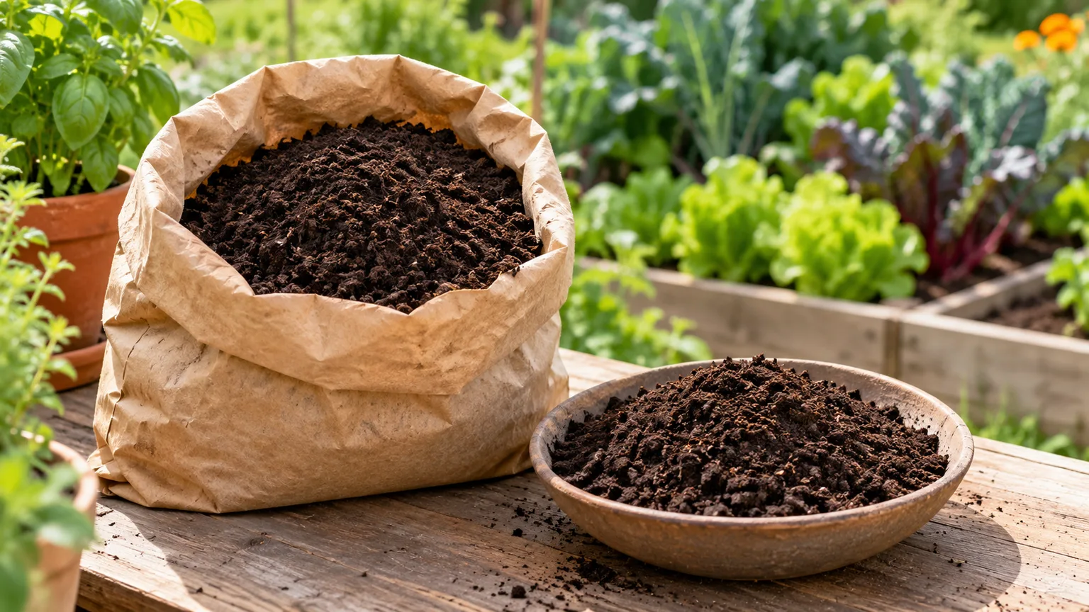 Dark, crumbly worm castings ready to use beside a vegetable garden