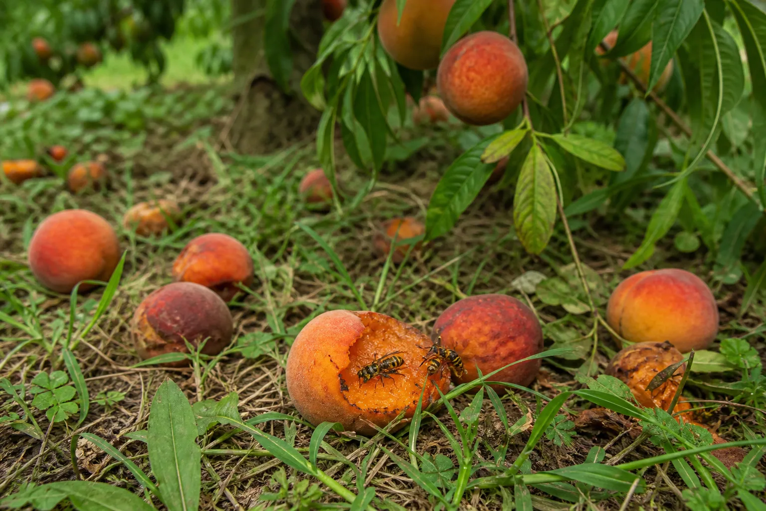 Ripe peaches and fallen fruit under a tree attracting foraging wasps