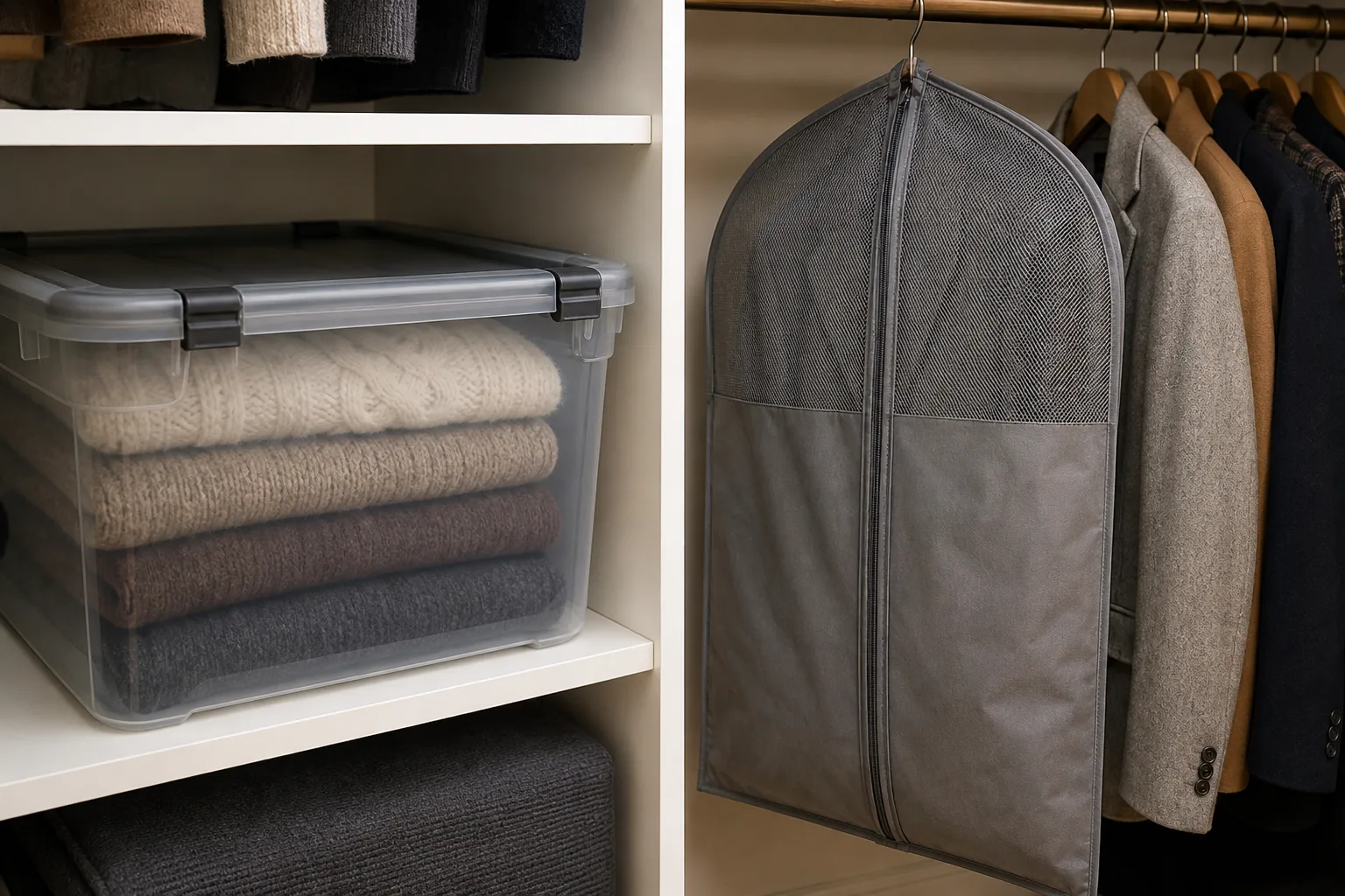 Gasket-lidded airtight storage tote versus a vented garment bag unsuitable for mothball fumigation