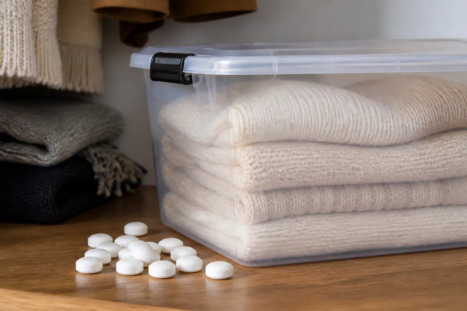 White mothballs beside a sealed clear storage bin with folded wool sweaters on a closet shelf