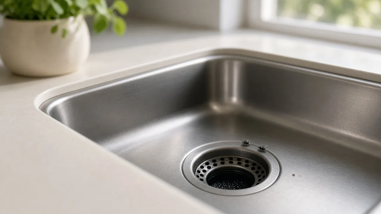 A drain fly near a sink drain and plumbing trap