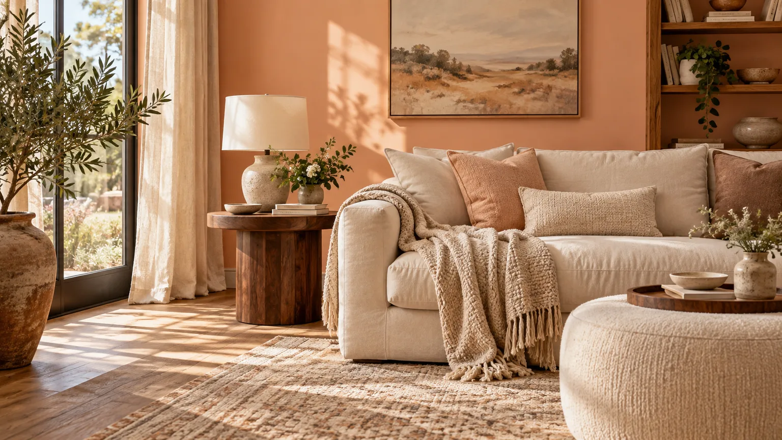 Sunlit reading nook combining a peach wall with ivory upholstery, beige textiles, and walnut furniture