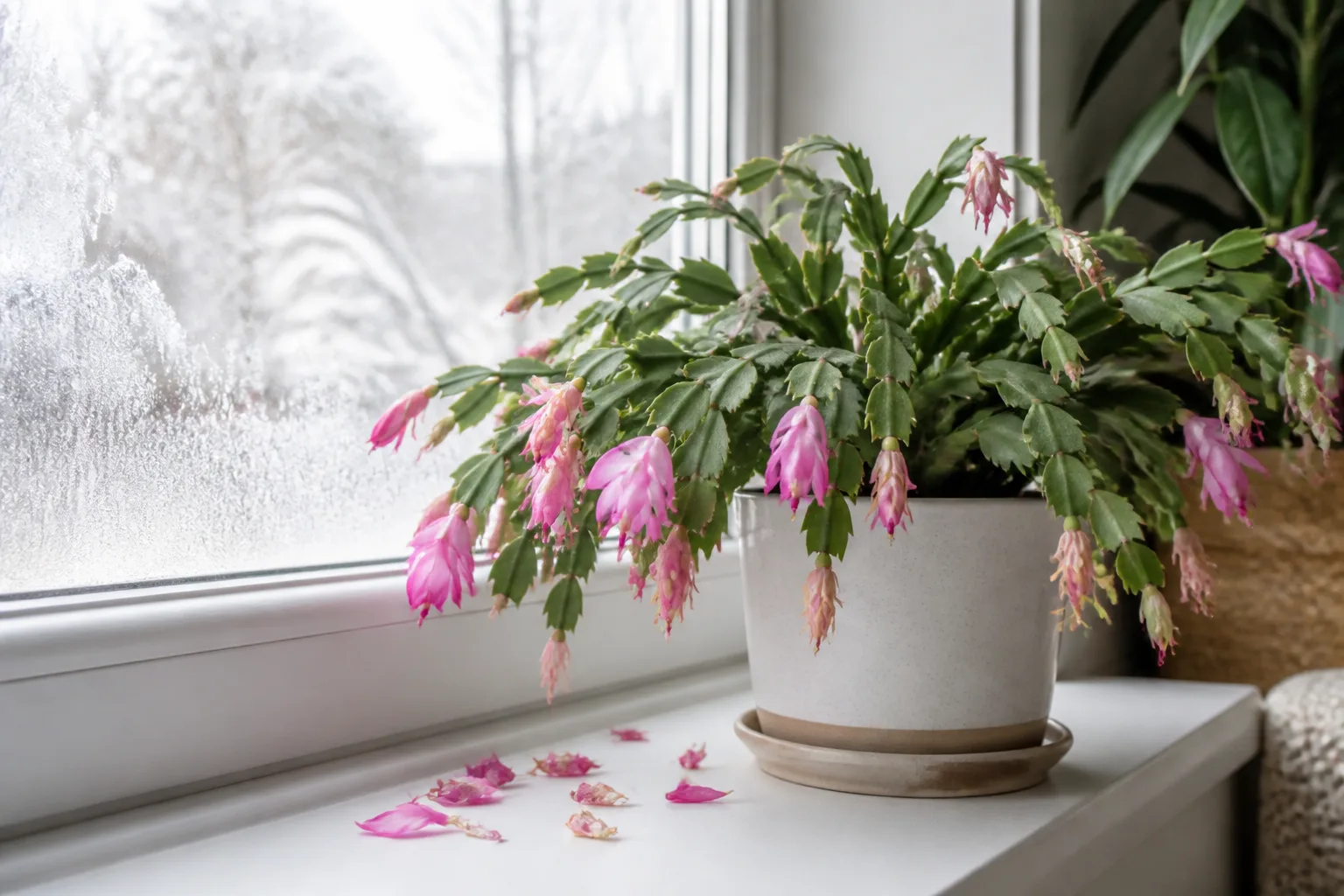 Christmas cactus with fading post-holiday blooms on a winter windowsill during January rest care