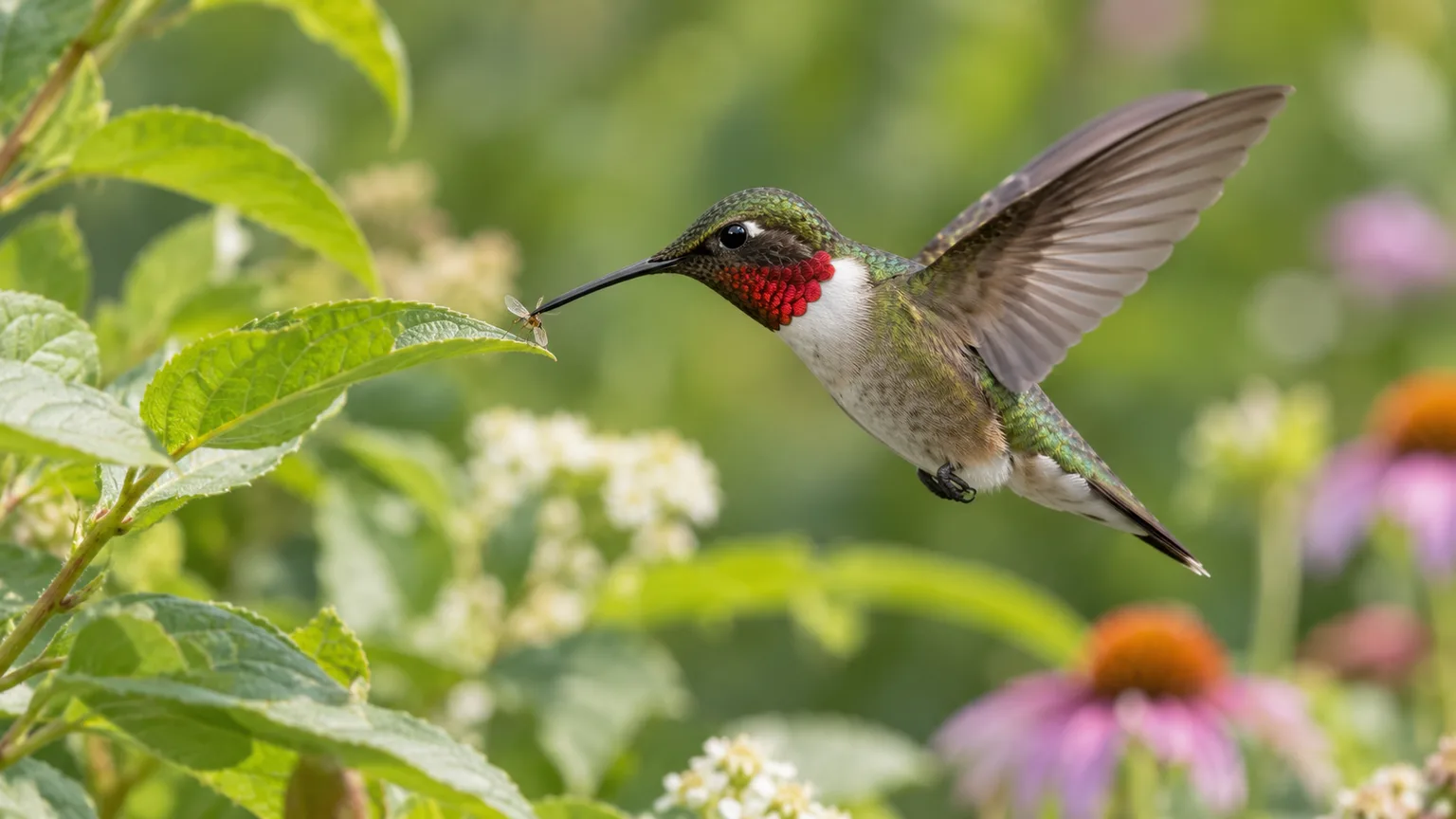 A ruby-throated hummingbird takes a tiny gnat from a leaf.