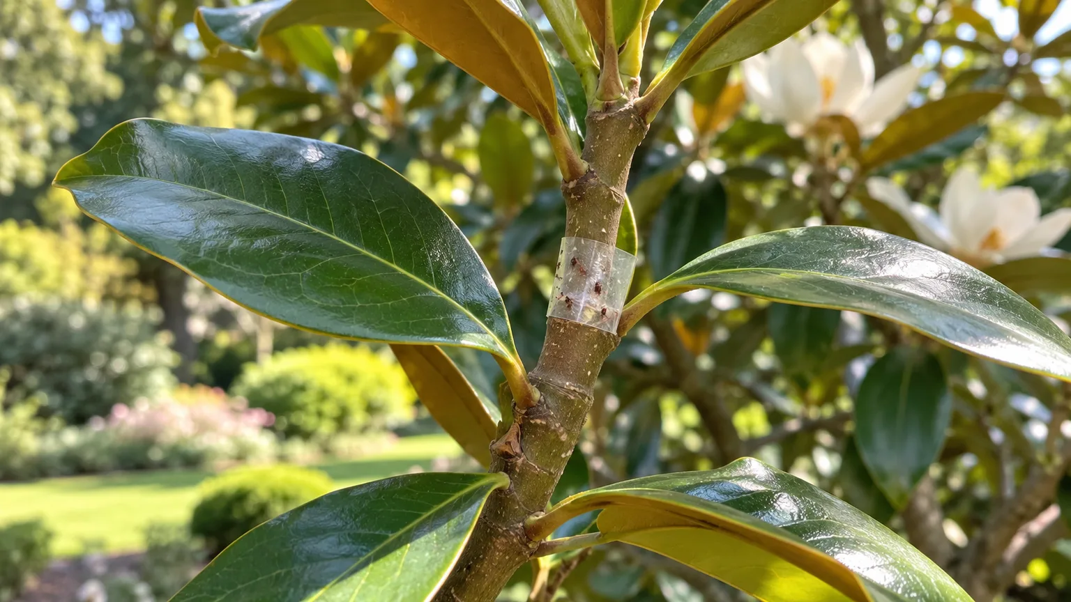 A transparent sticky monitoring strip wrapped around a magnolia twig to check for scale crawlers