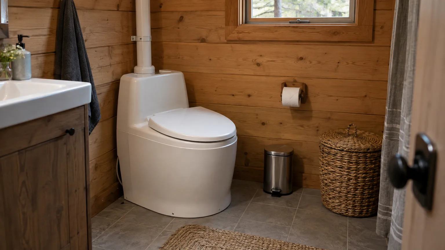 A waterless composting toilet with a vent pipe in a cabin bathroom.