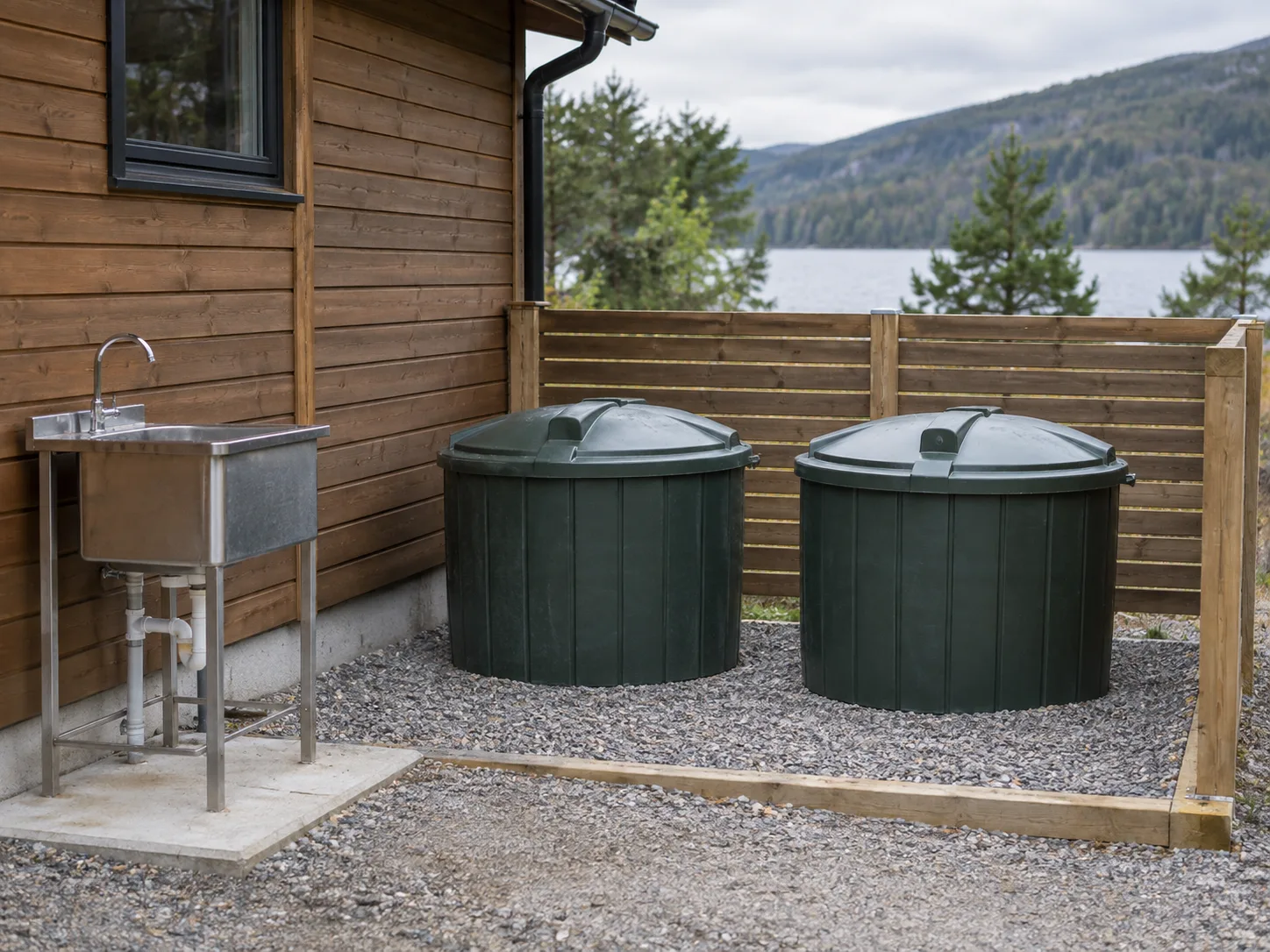 A dedicated service area with closed treatment containers and a utility sink beside a cabin.