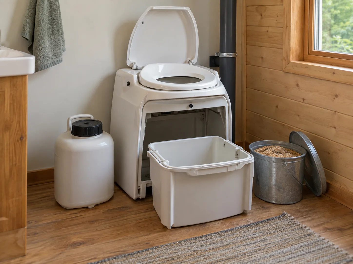 Example composting toilet components: an empty solids container, separate liquid vessel, vent pipe, and dry cover material.