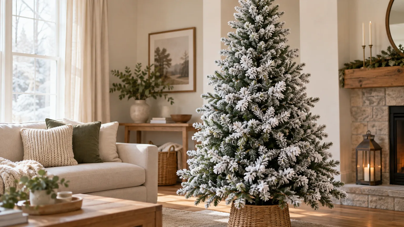 Flocked artificial Christmas tree with a white snow-like coating in a bright living room