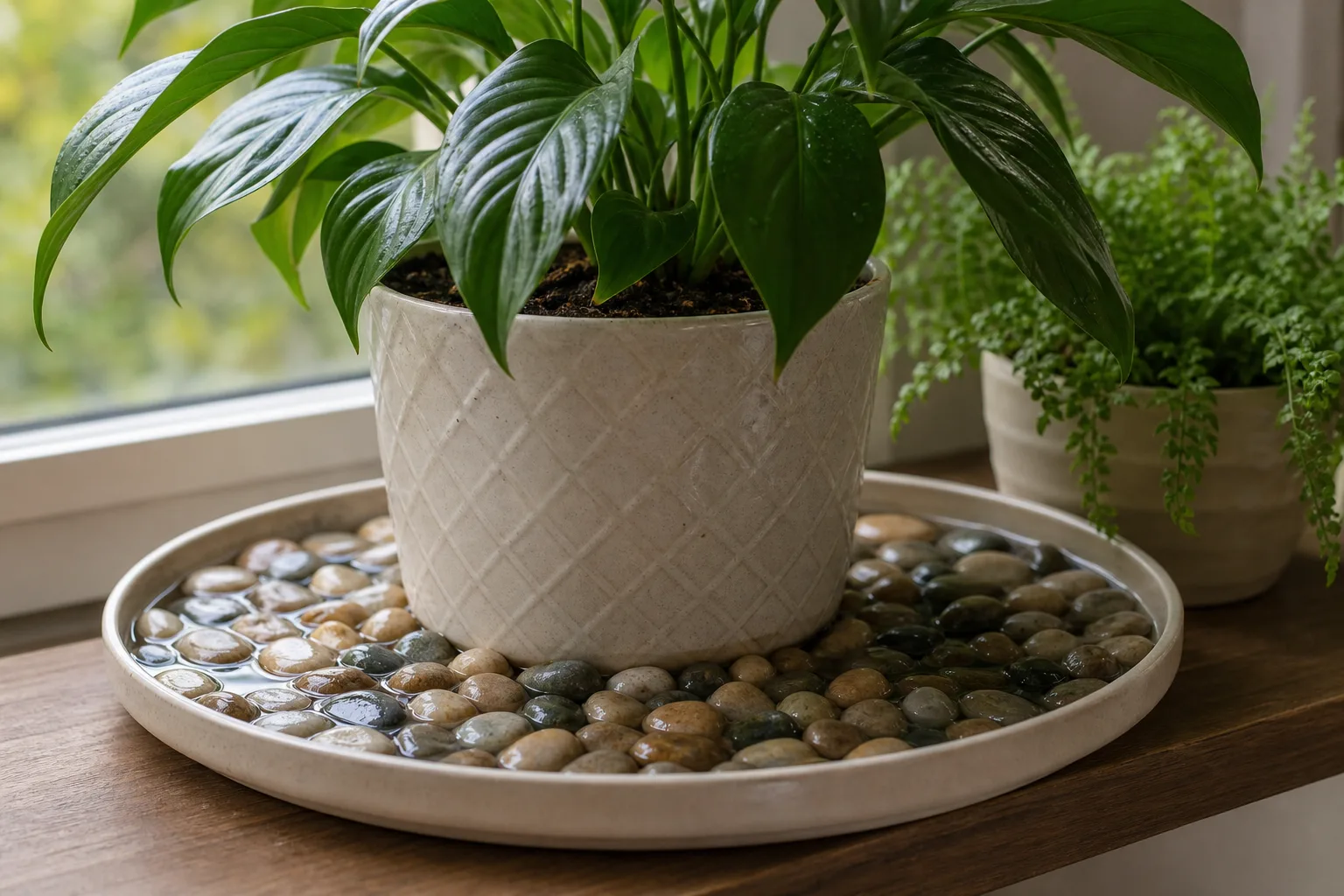 Shallow pebble tray under a small tropical houseplant showing stones and water below the pot base
