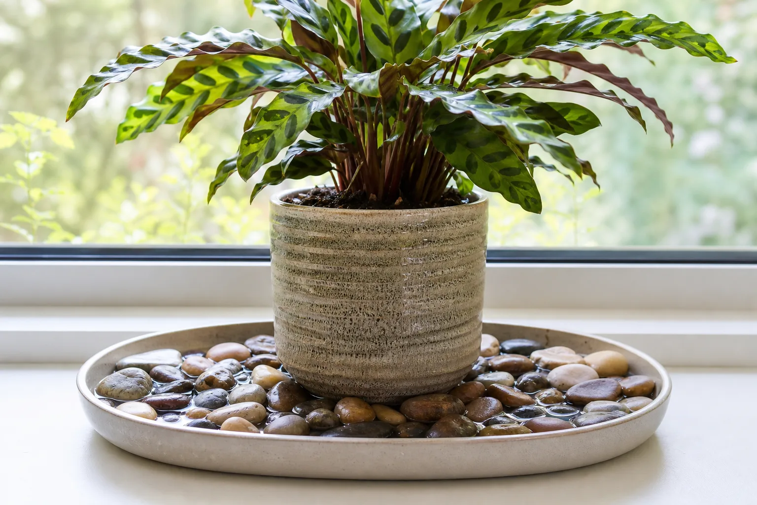 Potted tropical houseplant sitting on a humidity pebble tray with water below the stones