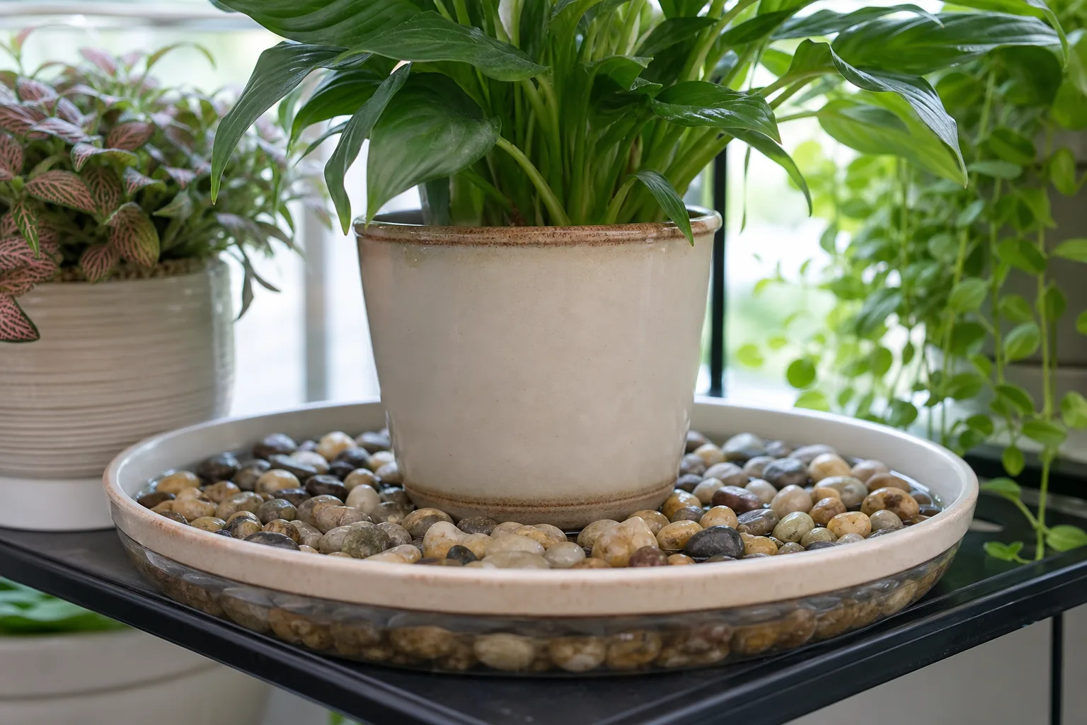 Close view of a pebble tray waterline with pot resting above the water on stones