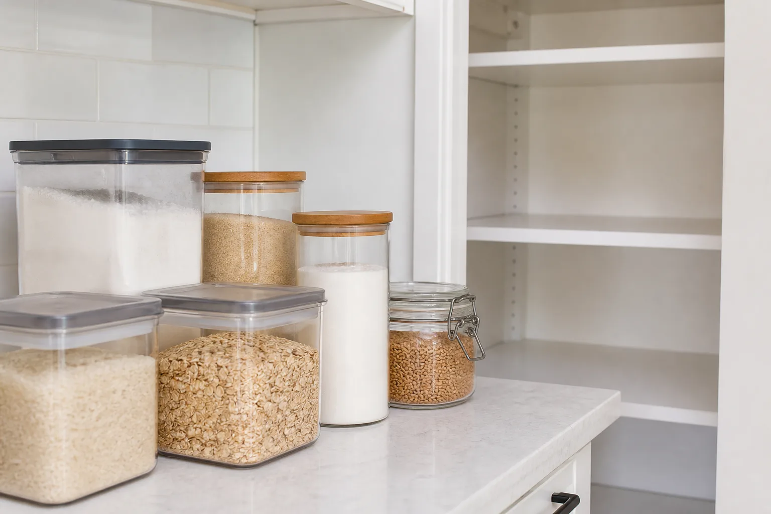 Airtight glass and plastic food storage containers filled with rice, flour, and oats on a clean kitchen counter after a pantry reset