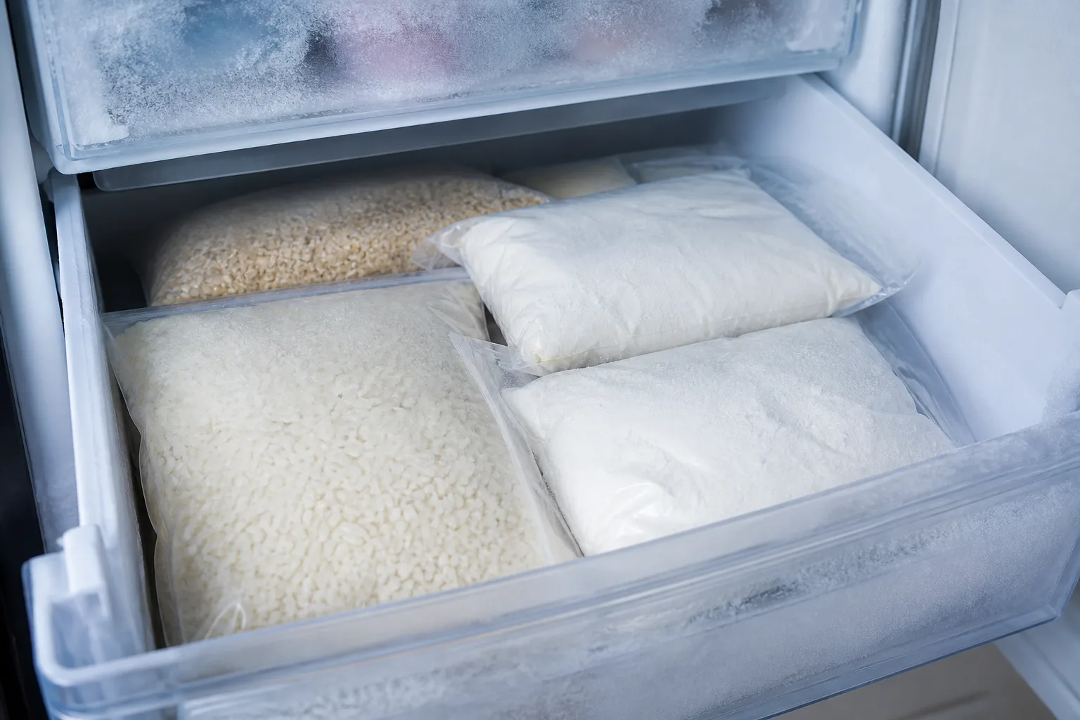 Sealed bags of rice and flour laid flat in a home freezer drawer for weevil egg quarantine