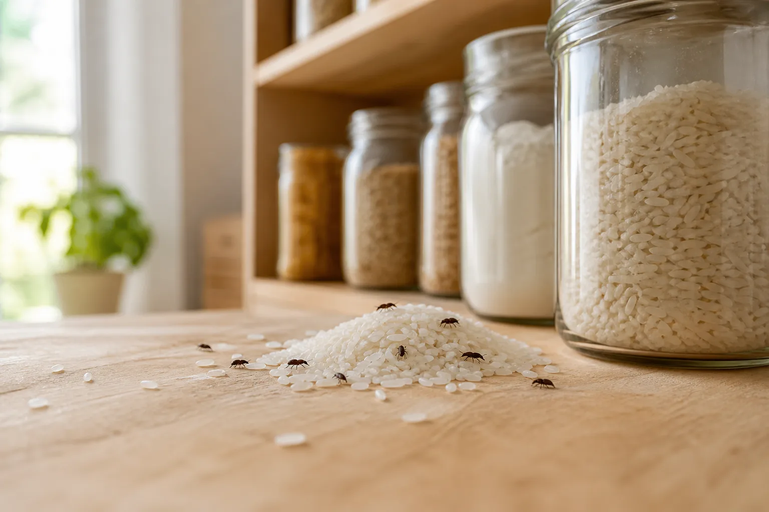 Tiny dark snout-nosed weevils on white rice beside glass pantry jars of flour and grains