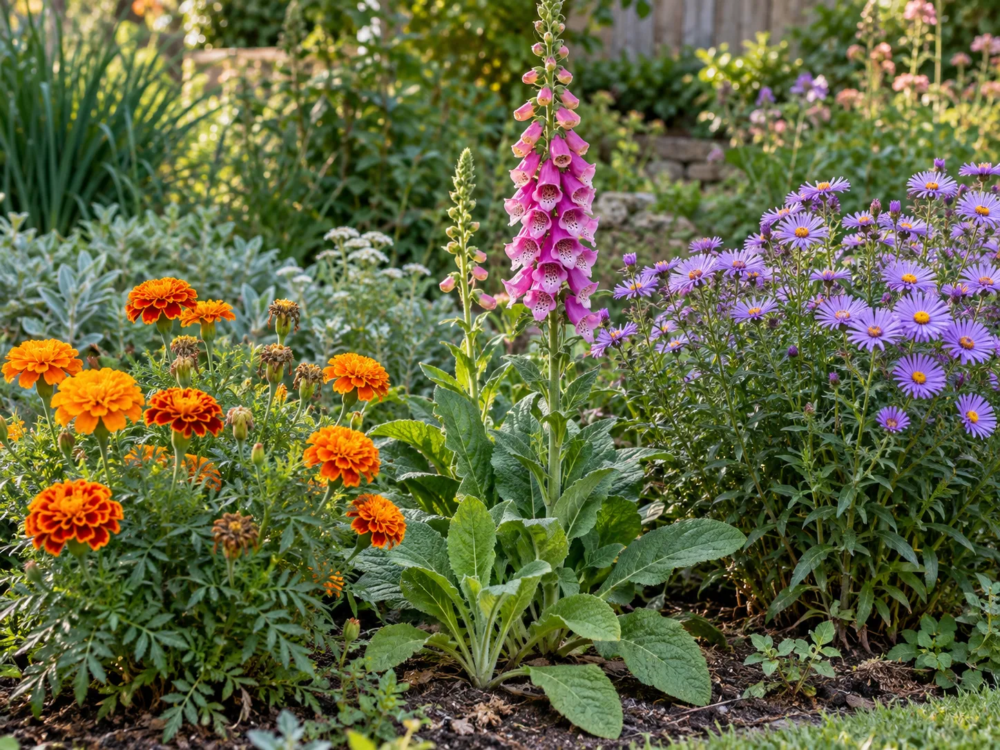 Marigolds, a foxglove rosette and flowering stalk, and perennial asters growing together in a garden border