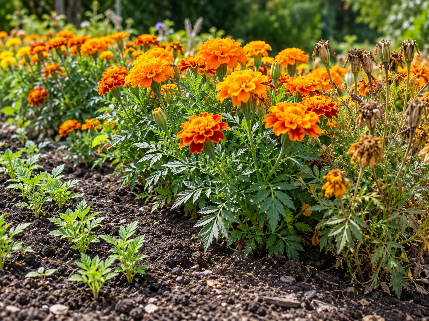 A marigold bed showing young seedlings, flowering plants, and mature seed heads within one season