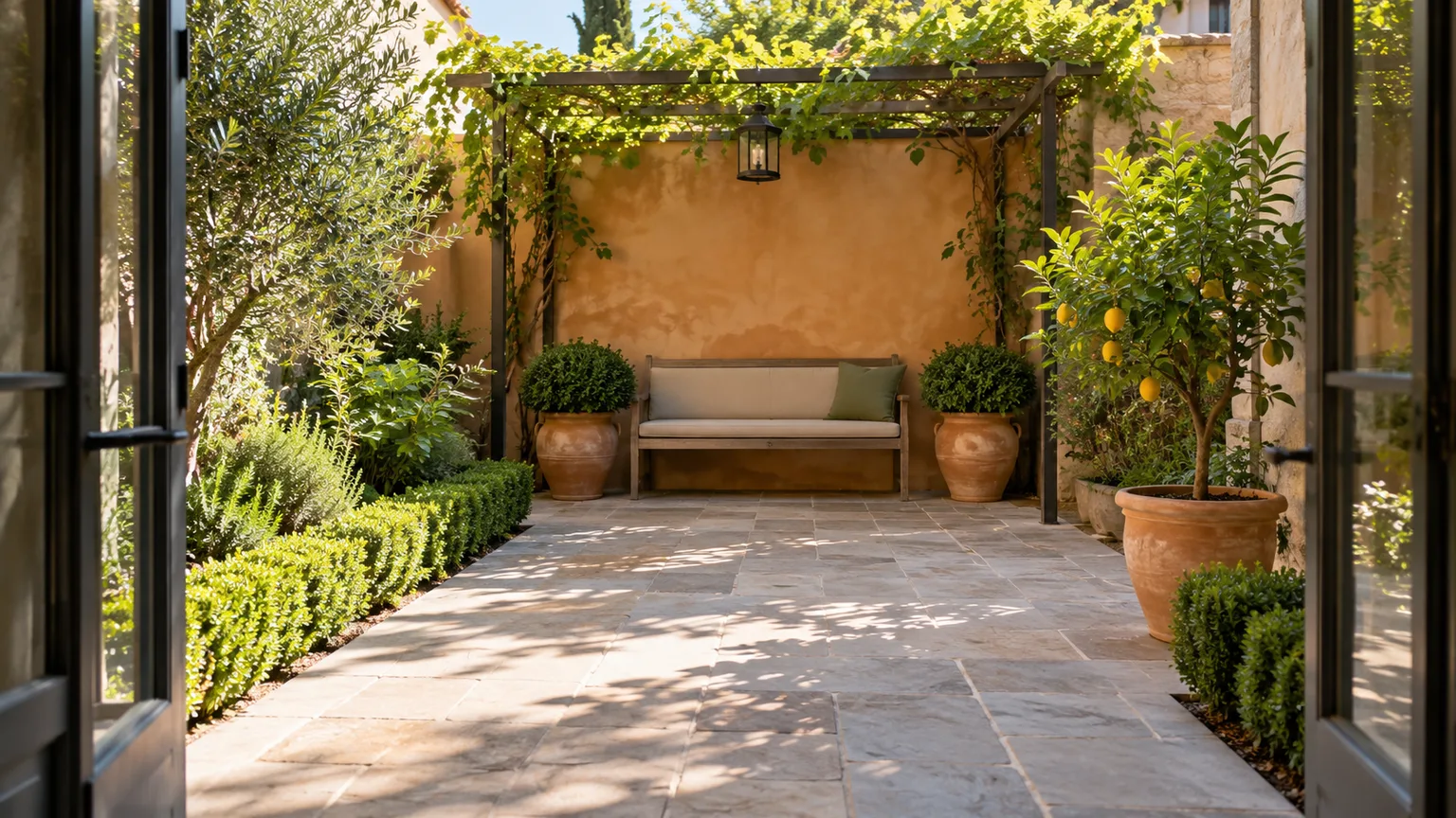 Small Italian-inspired courtyard with a shaded bench, potted citrus, and clipped shrubs