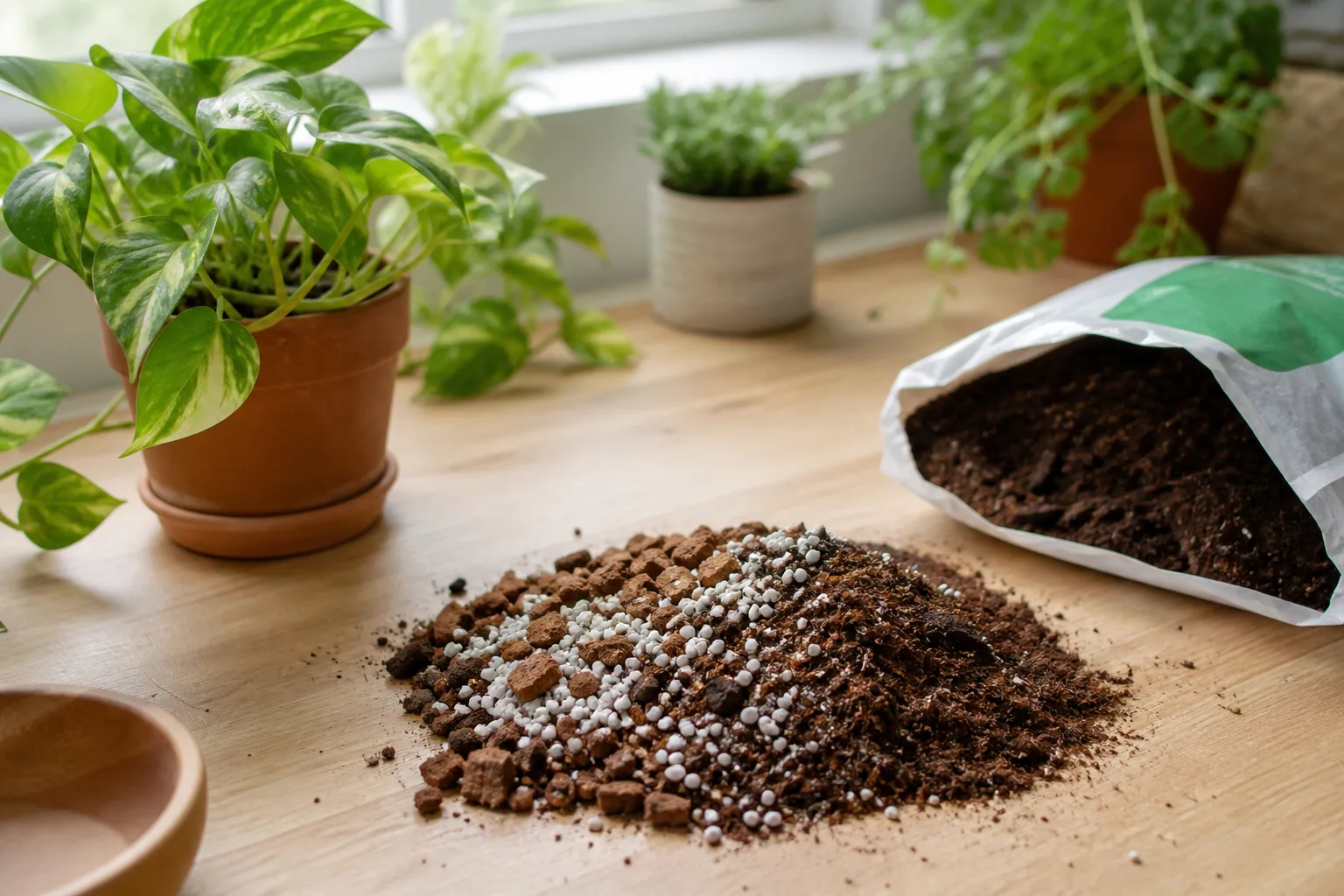Prepared potting mix with pumice and perlite for a fast-draining cactus substrate
