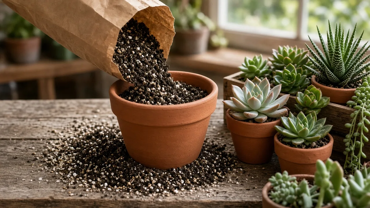A healthy cactus beside a terracotta pot and gritty potting mix