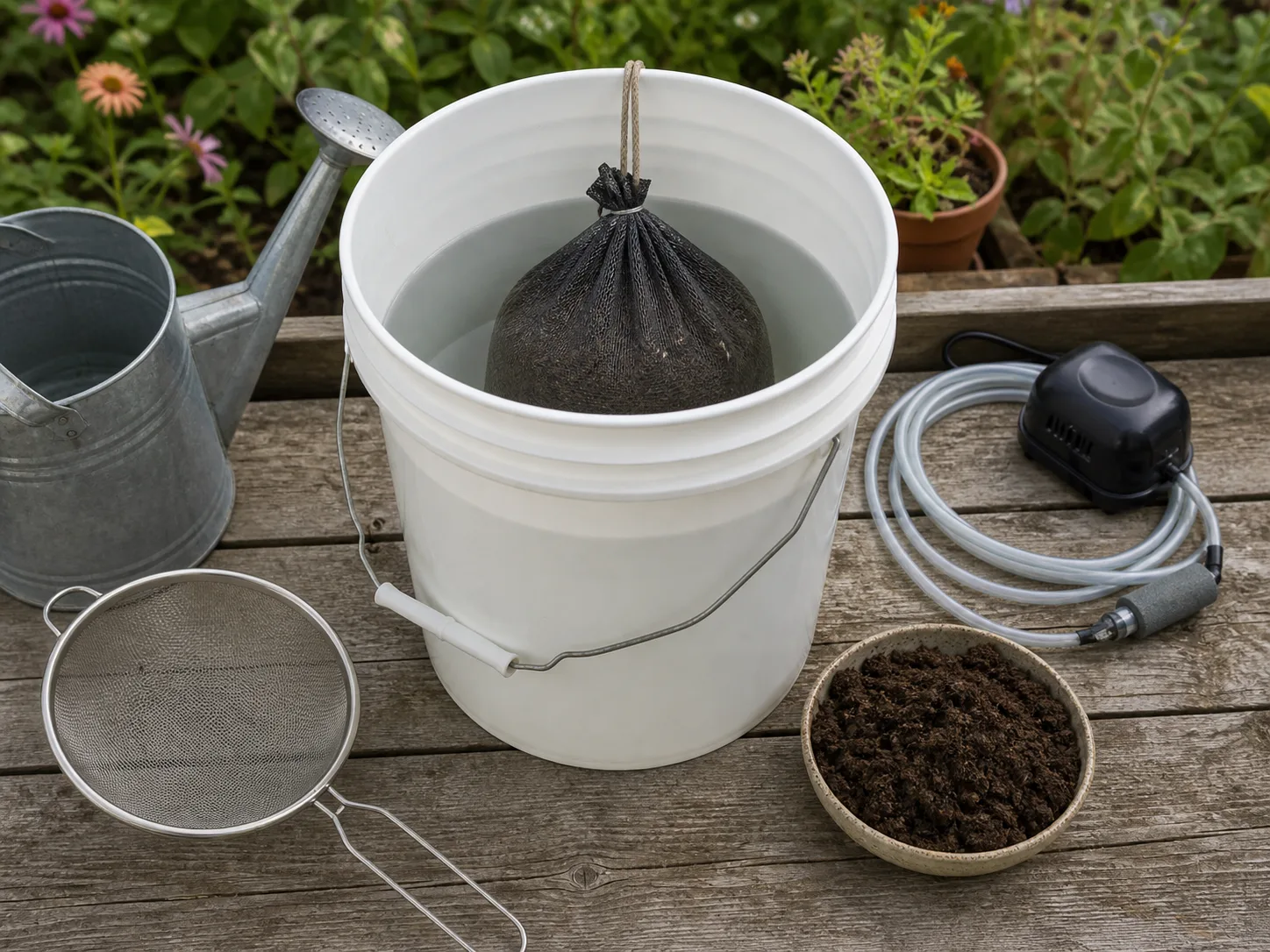 Bucket of compost tea with a mesh bag of mature compost and simple brewing equipment