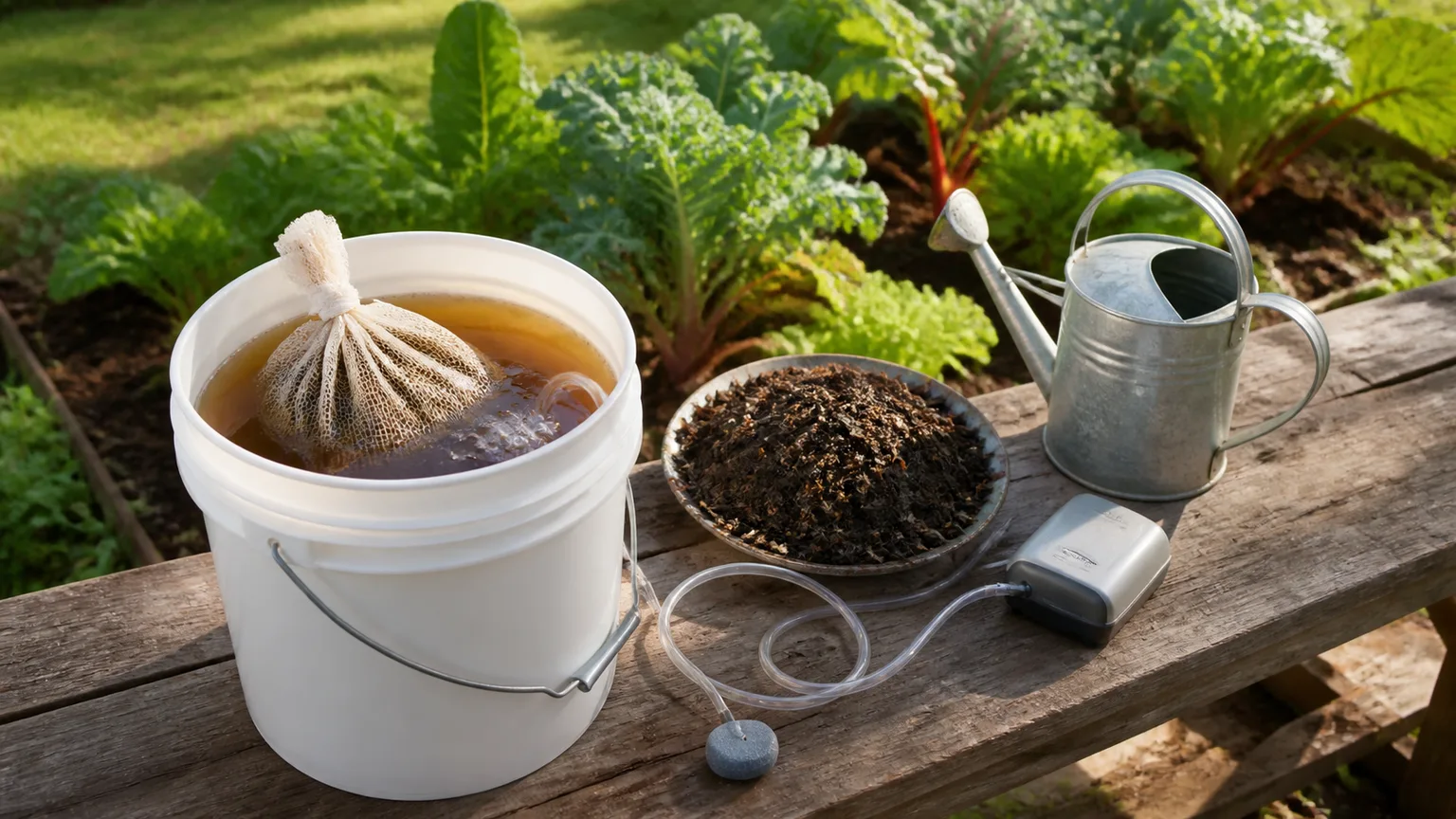 Bucket of compost tea, mature compost, and garden tools beside a vegetable bed
