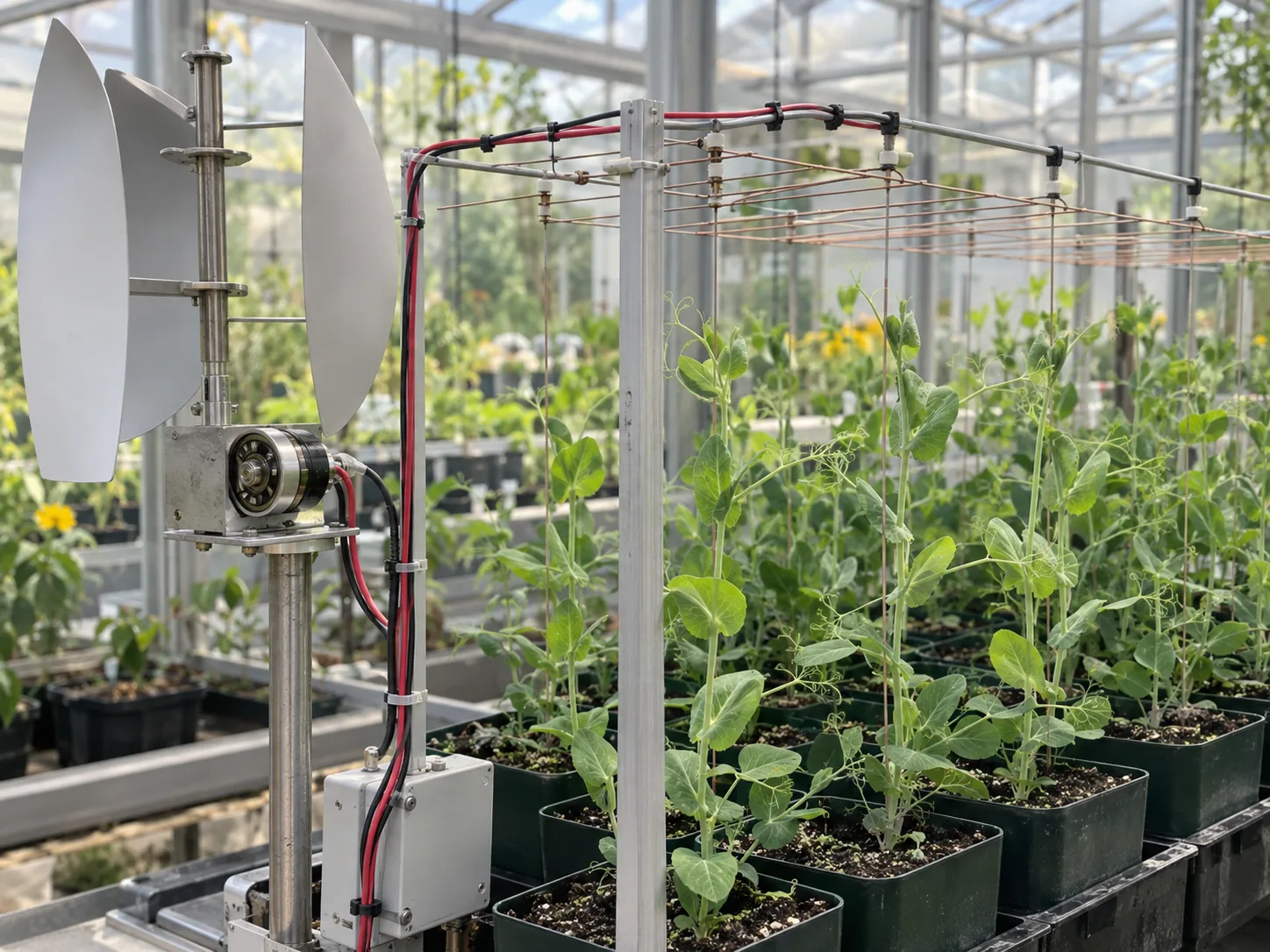An engineered electrical research setup around pea seedlings in a greenhouse, distinct from a passive copper stake.