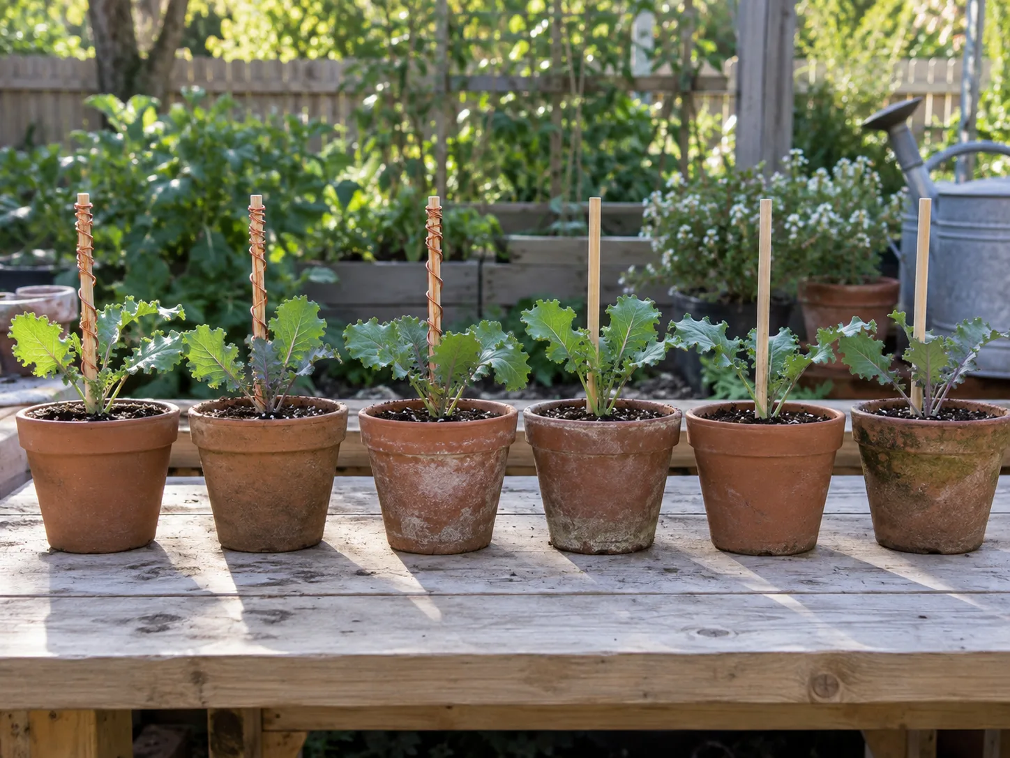 Matched potted seedlings set up for a copper-stake comparison with plain stakes as controls.