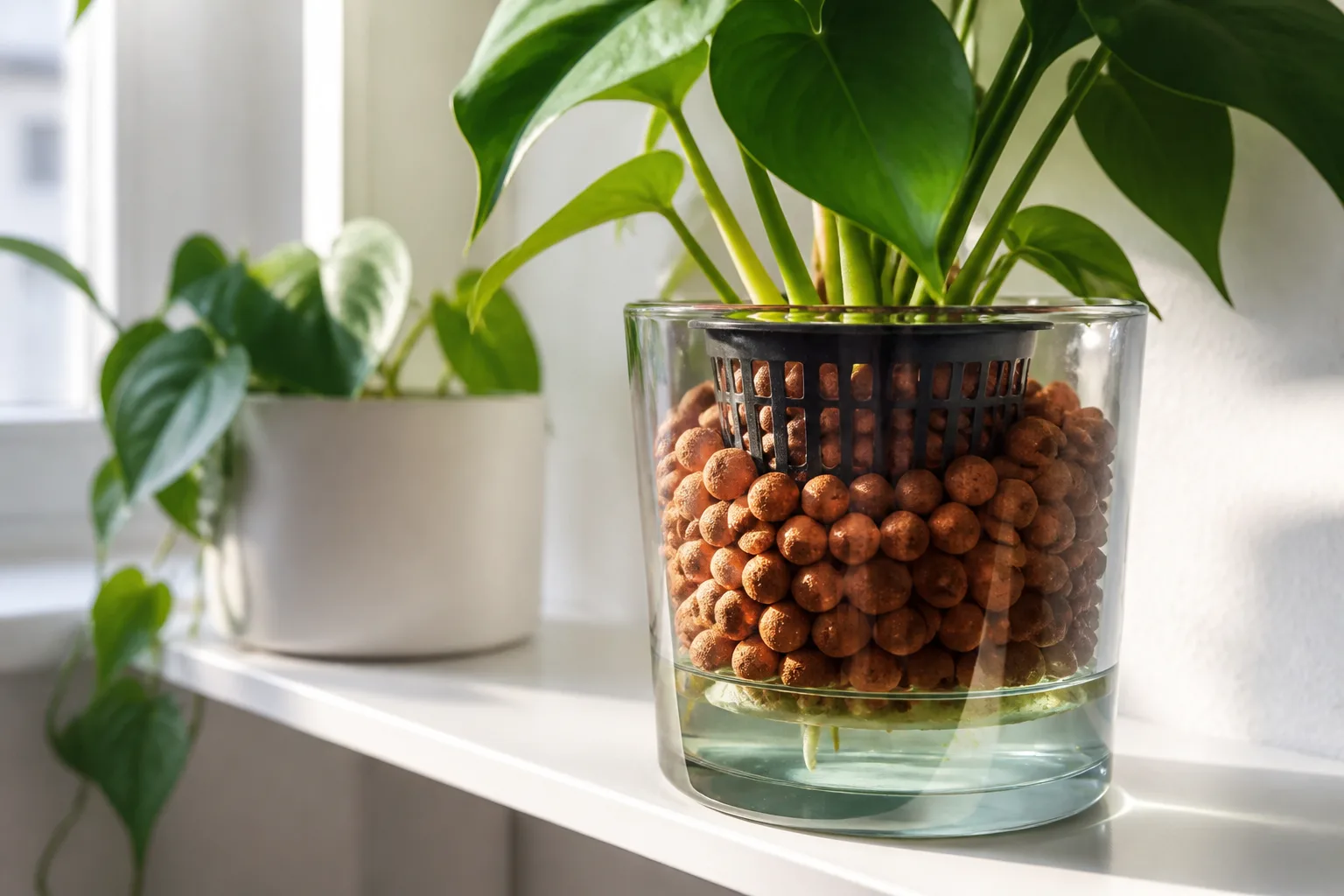 Semi-hydro houseplant in a clear cache pot filled with terracotta LECA clay balls and a lower nutrient reservoir