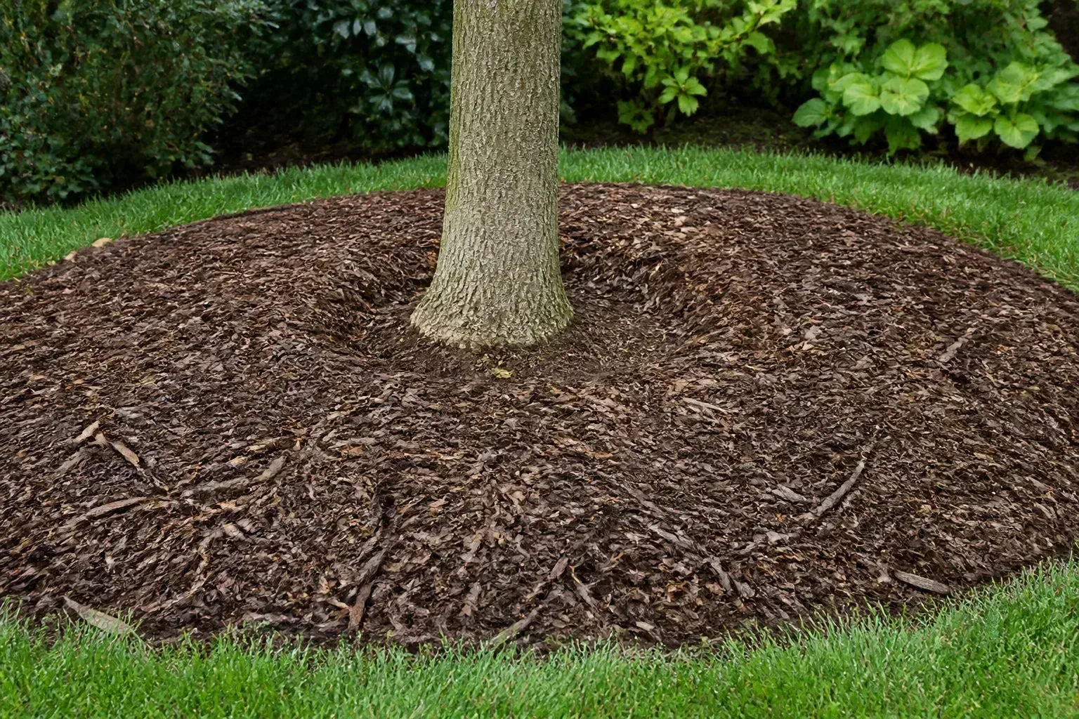 Wood chip mulch spread in a donut ring around a tree trunk with clear space between mulch and bark