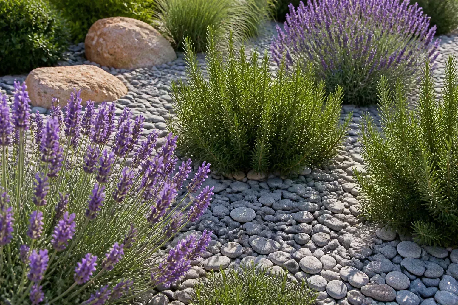 Warm-toned gravel and crushed stone mulch spread in a garden bed beside sun-loving plants