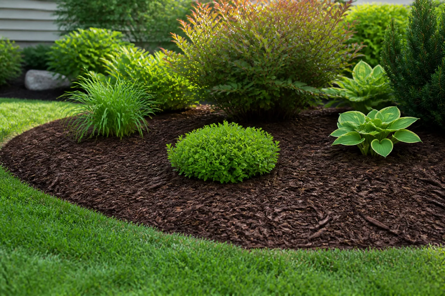 Shredded bark mulch spread evenly in an ornamental garden bed with proper clearance around shrub stems