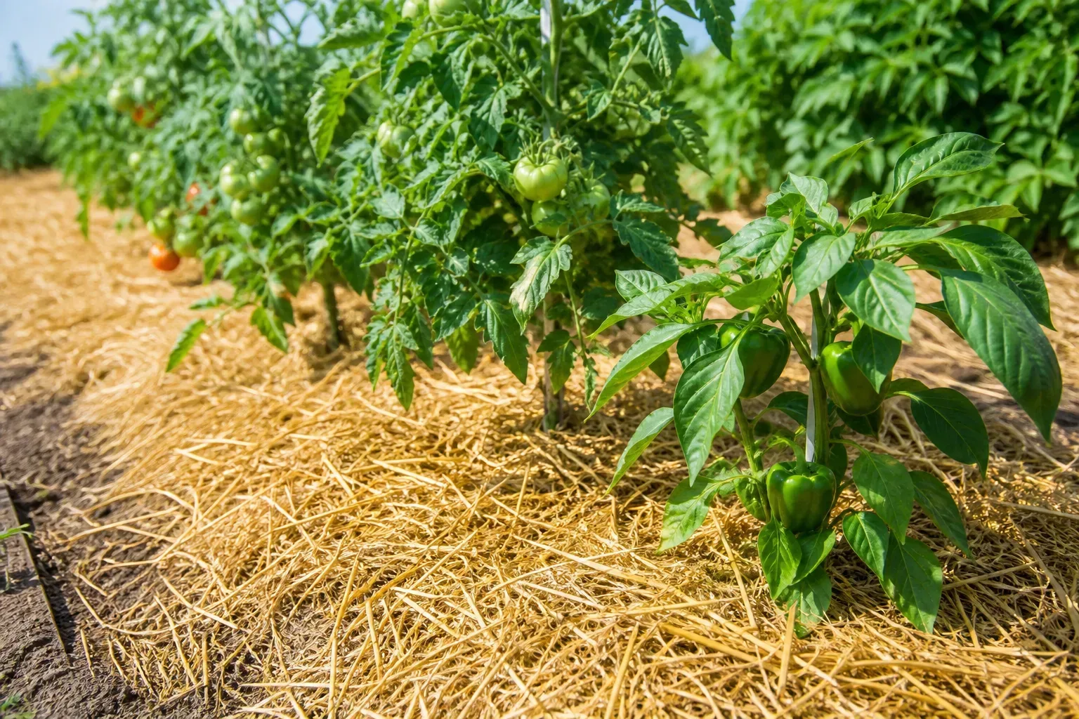 Straw mulch around tomato and pepper plants in a summer vegetable garden bed
