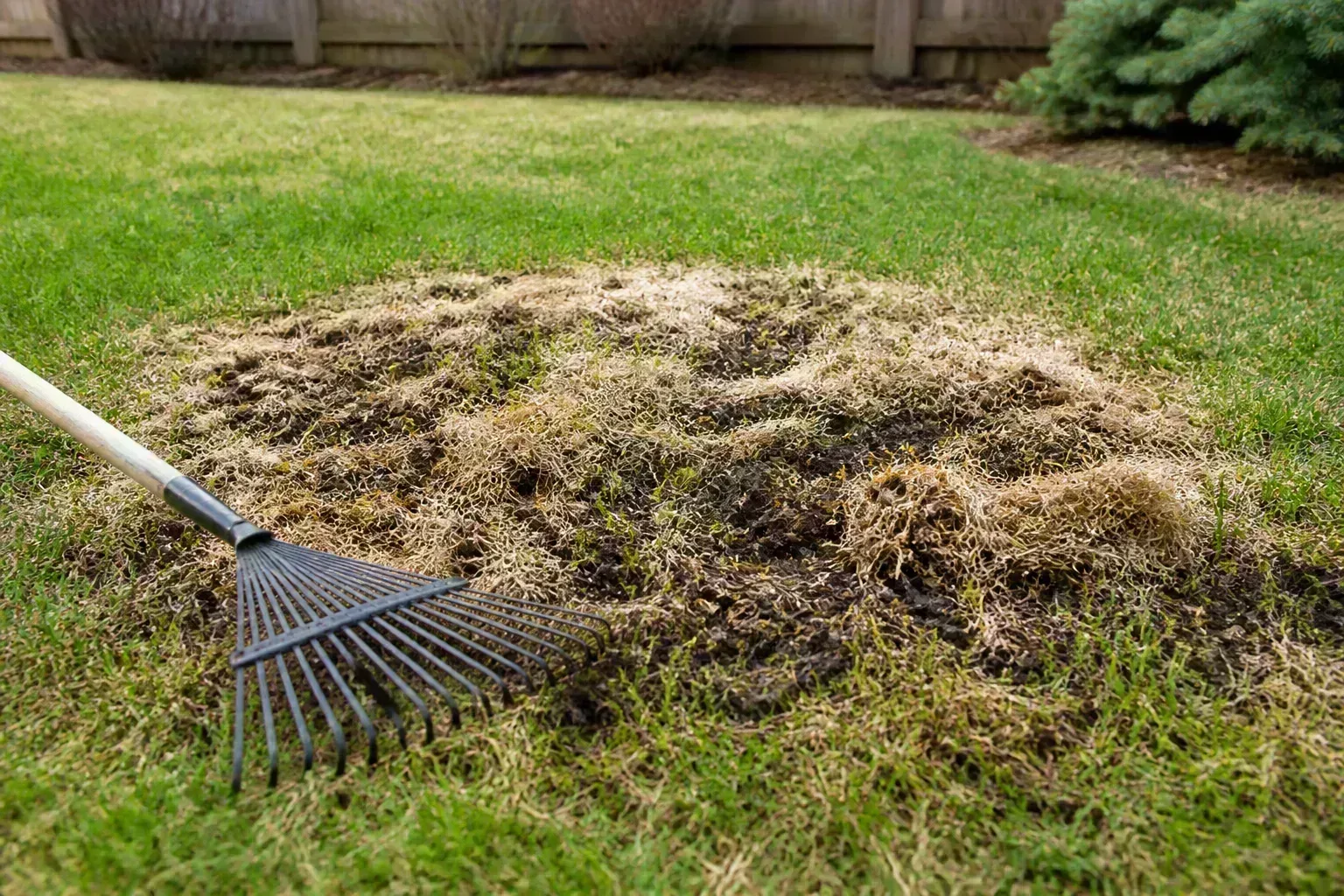 Leaf rake beside a thawed lawn patch where matted snow mold crust has been loosened and green shoots are emerging