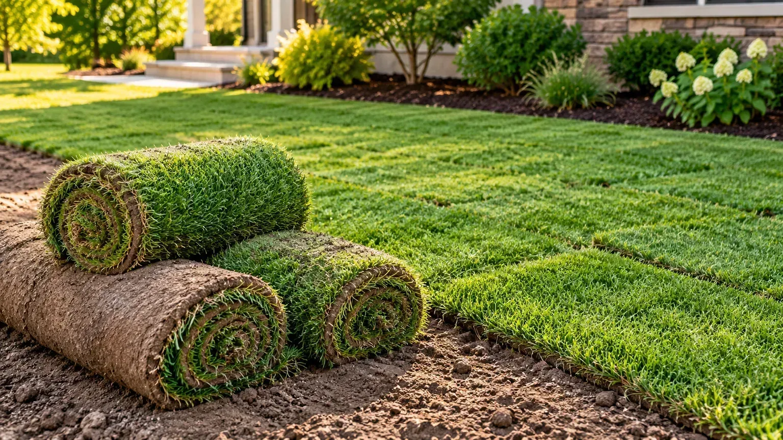 Fresh rolls of grass sod beside a newly laid residential lawn