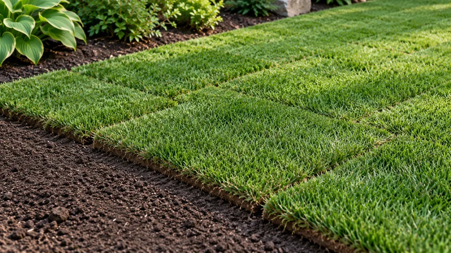 Fresh turf pieces laid in staggered rows with close seams against prepared soil
