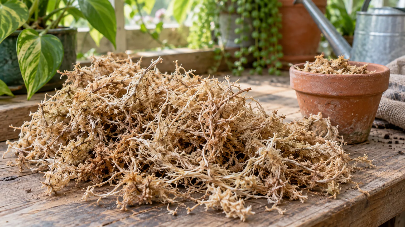 Loose, pale dried sphagnum moss fibers beside a terracotta pot on a garden workbench