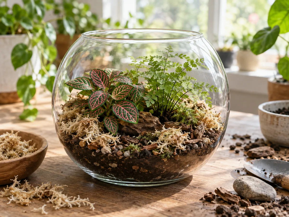 Loose sphagnum moss used as a decorative layer in a planted glass terrarium