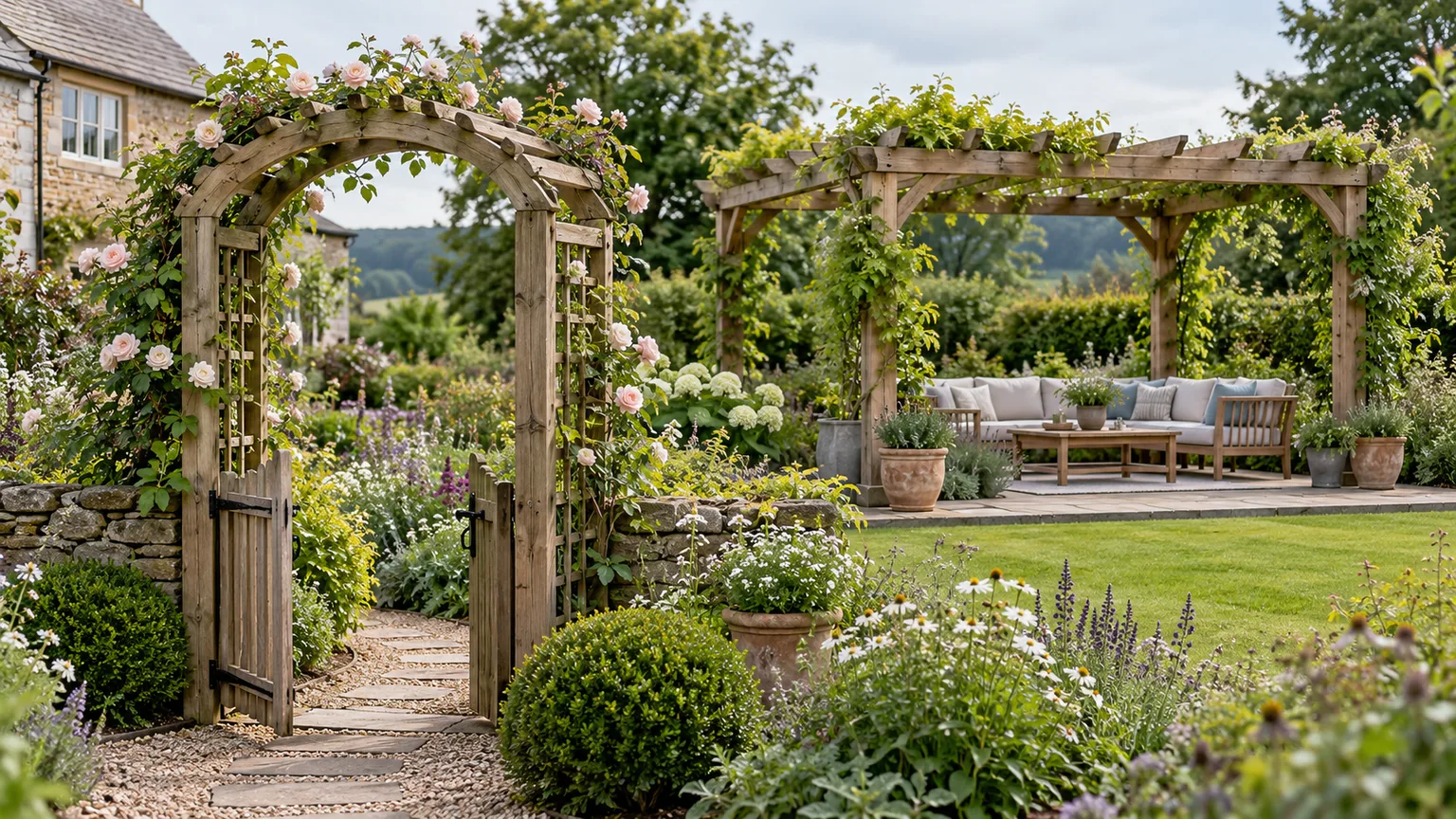 A small flowering arbor frames a garden gate beside a larger open-beam pergola.