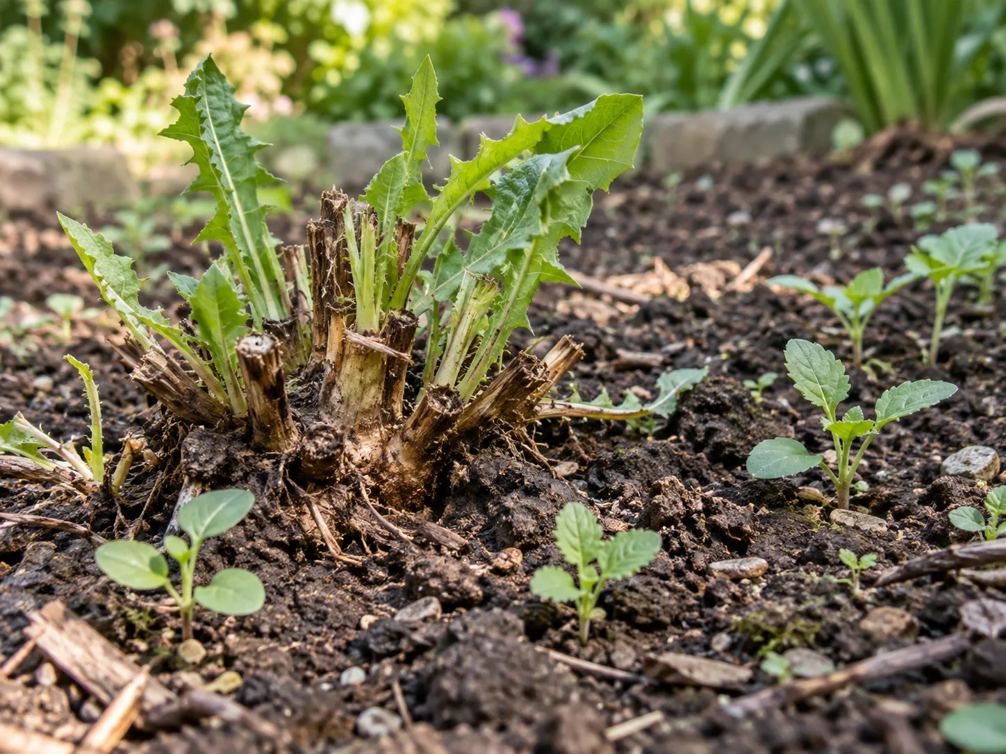 Fresh green shoots emerge from a cut-back weed crown beside new seedlings in garden soil