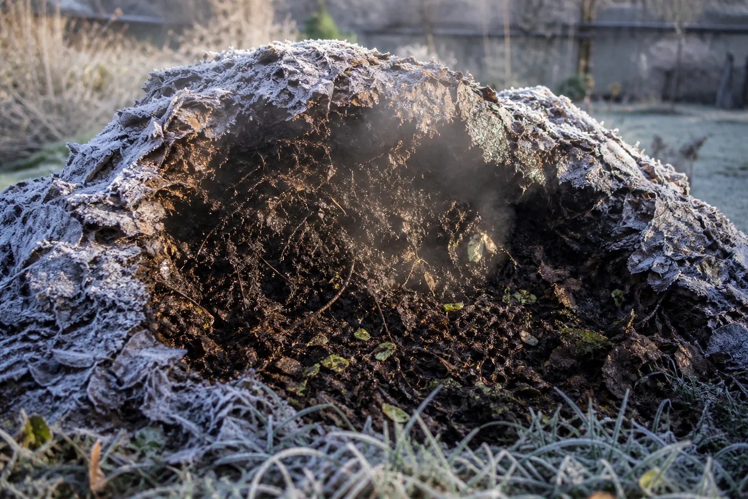 Frozen compost heap with a crust of leaves and ice on the outer layers and darker decomposing material in the center