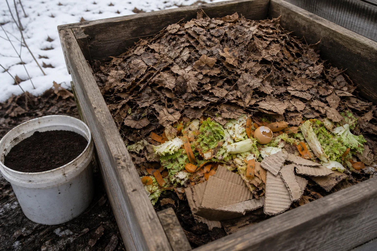 Layered sheet compost bed with alternating brown leaves, cardboard, and green kitchen scraps topped with mulch in a fall garden