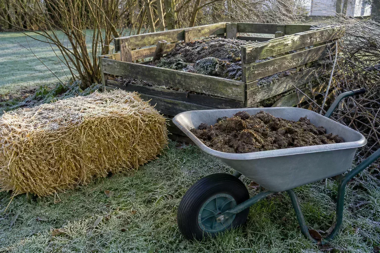 Bale of straw and wheelbarrow of manure beside a backyard compost bin on a frosty winter morning