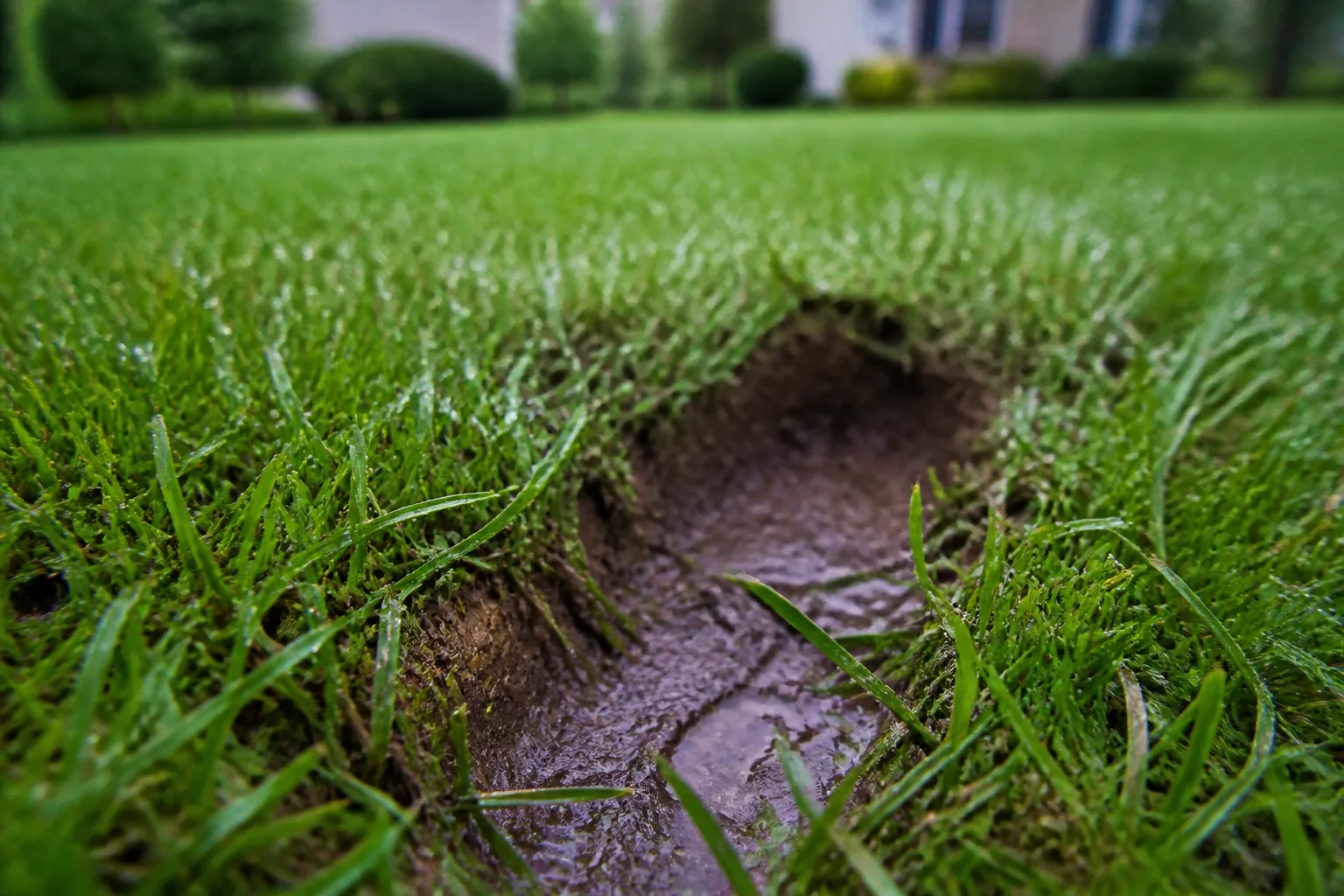 Deep footprint impression in wet saturated turf after heavy rain