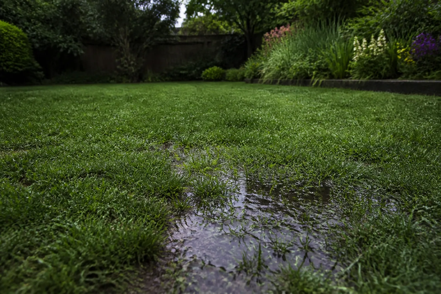 Saturated residential lawn with puddles and wet grass blades after a heavy rainstorm