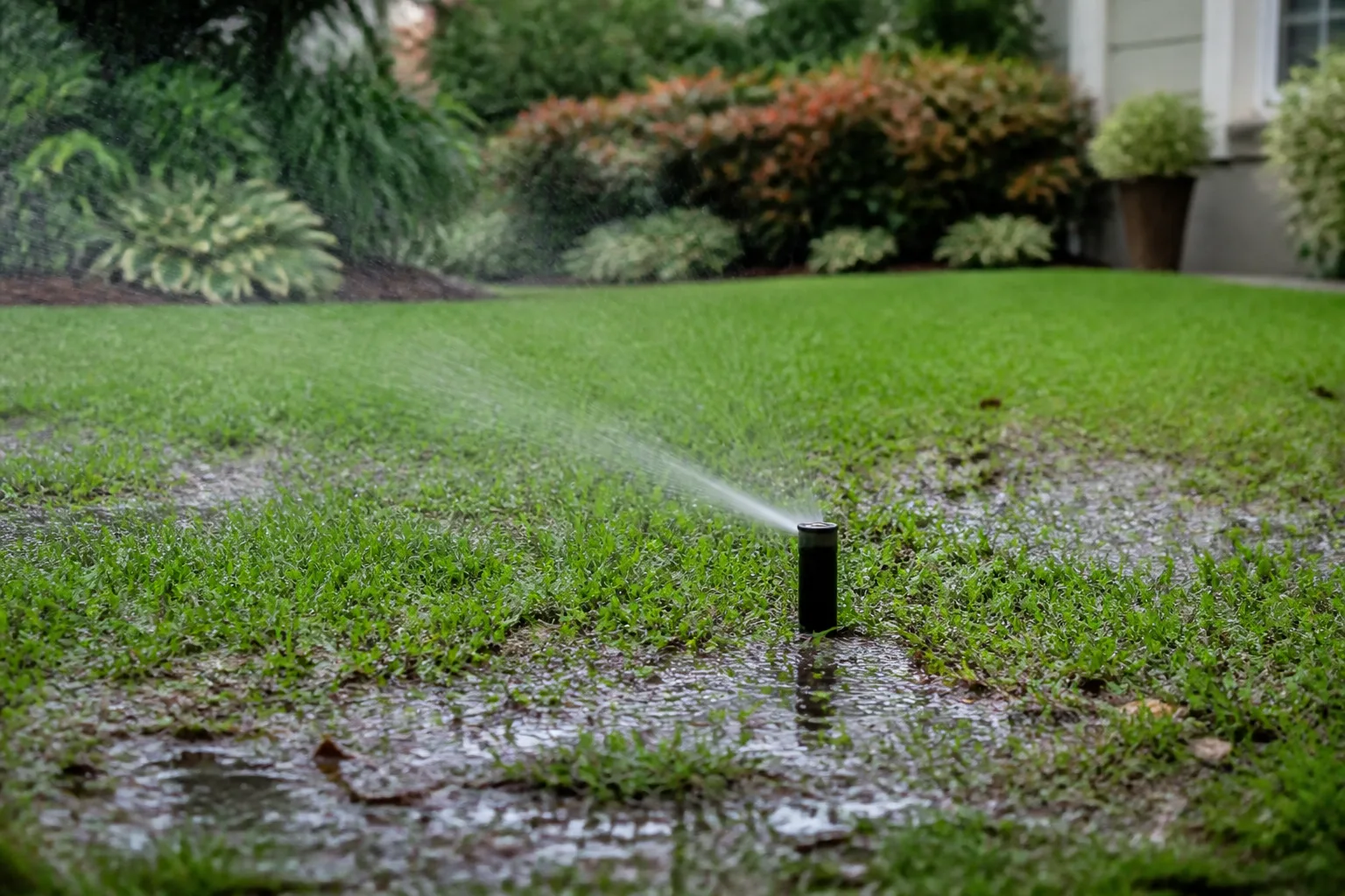 Lawn sprinkler running on already wet grass with puddles after recent rainfall