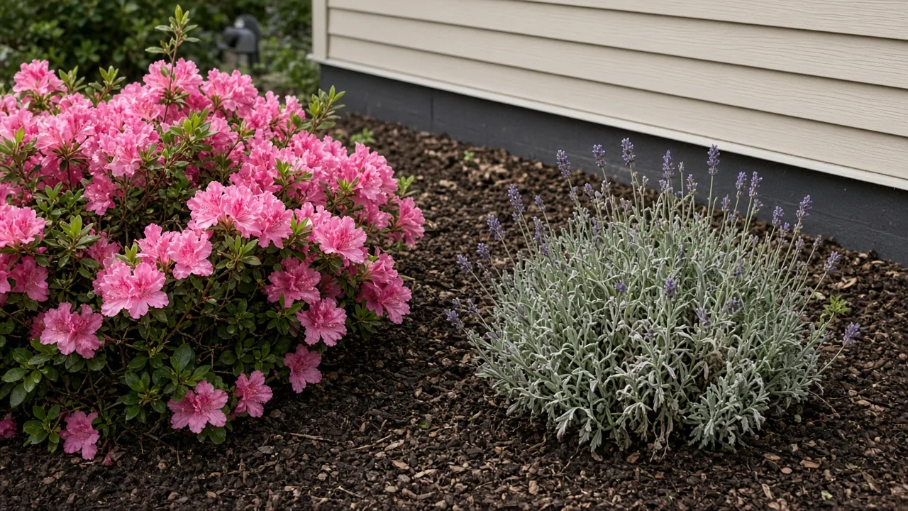 Pink azalea shrub flowering beside an evergreen garden border