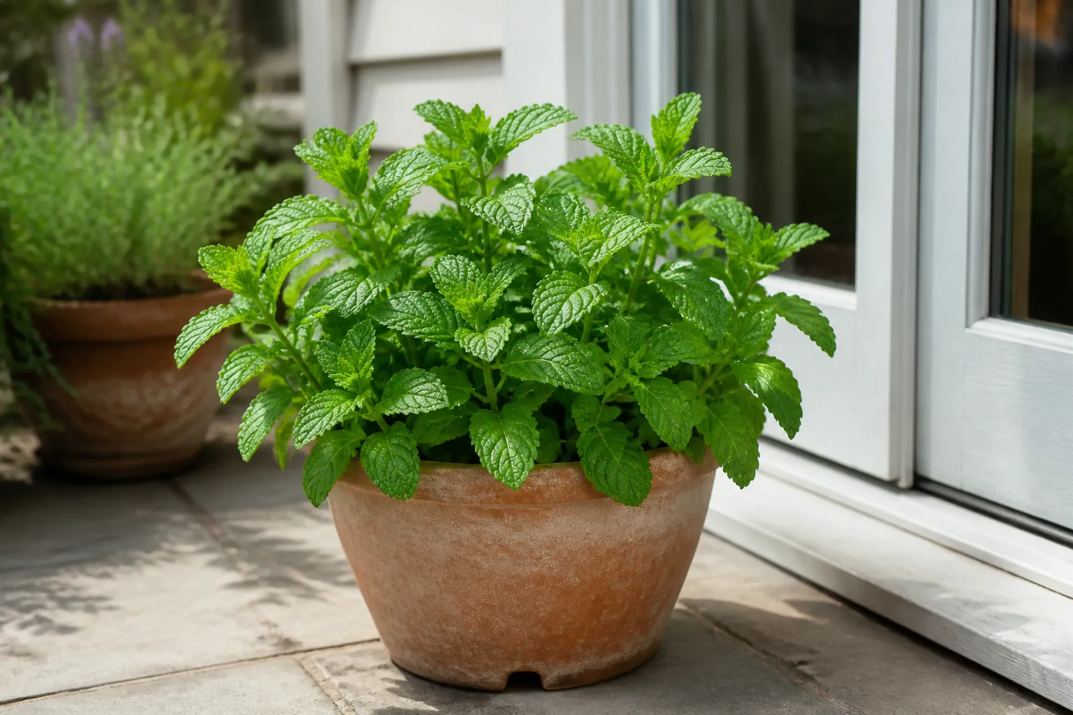 Healthy peppermint plant in a container beside a back door on a patio